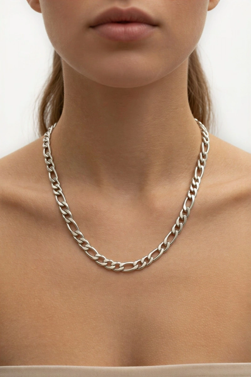 Kalın Ezik Bağlı Beyaz Altın Kaplama Çelik Kolye