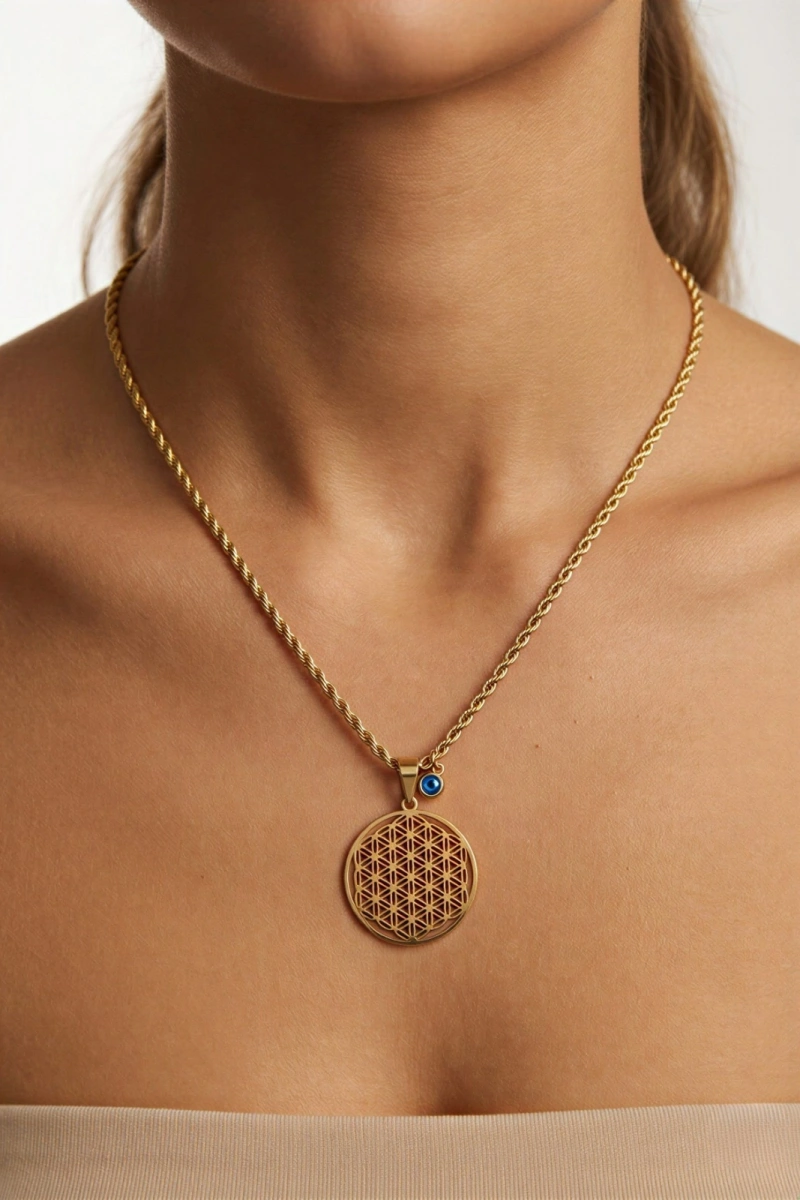 Uzun Burgu Zincir Yaşam Çiçeği Gold Altın Kaplama Çelik Kolye