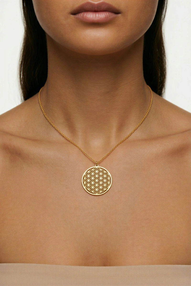 Yaşam Çiçeği Model Düz Zincir Gold Altın Kaplama Çelik Kolye