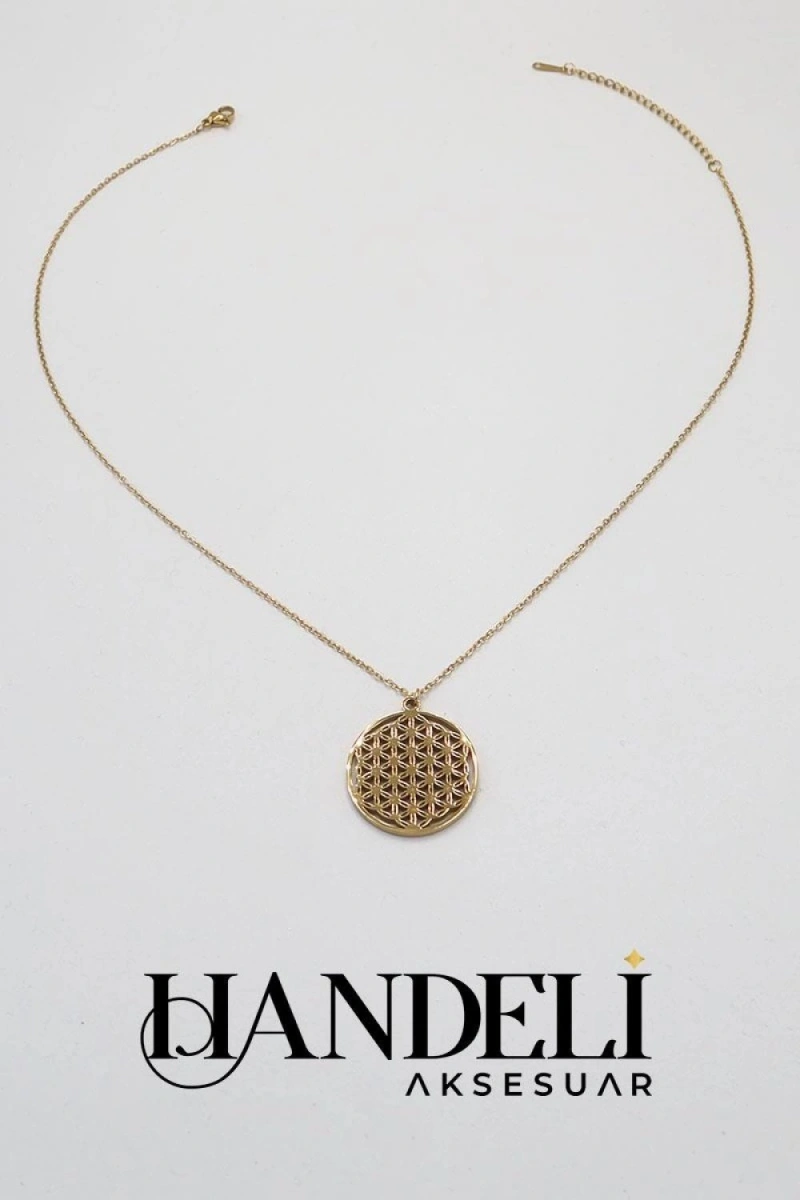 Yaşam Çiçeği Model Düz Zincir Gold Altın Kaplama Çelik Kolye