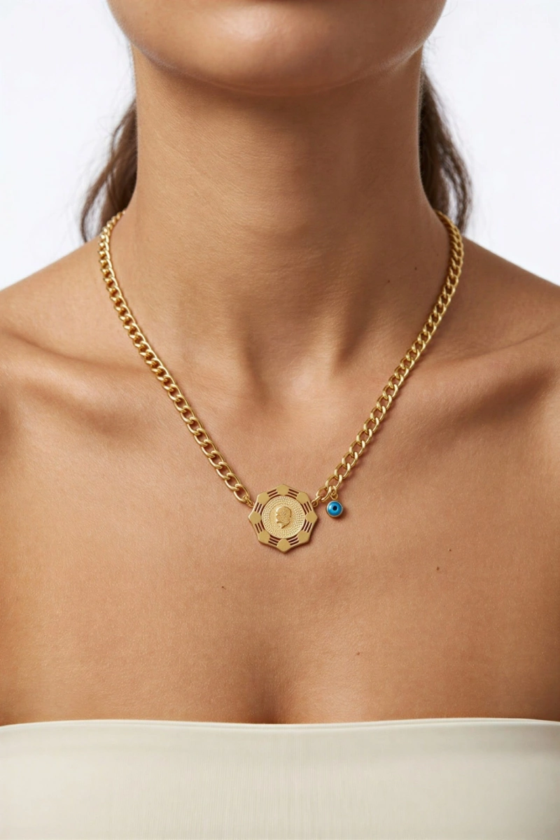 Düz Zincir Sekizgen Çerçeve Çeyrekli Gold Altın Kaplama Kolye