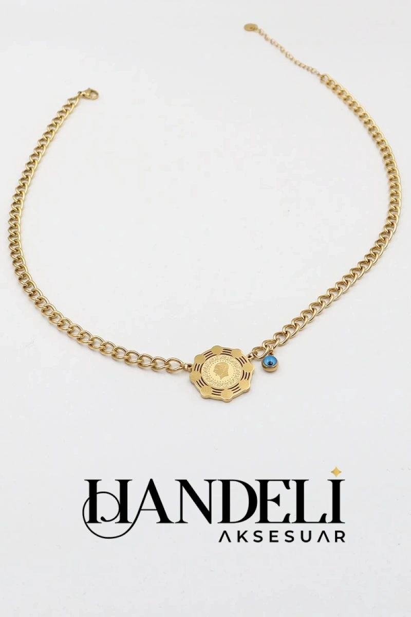 Düz Zincir Sekizgen Çerçeve Çeyrekli Gold Altın Kaplama Kolye