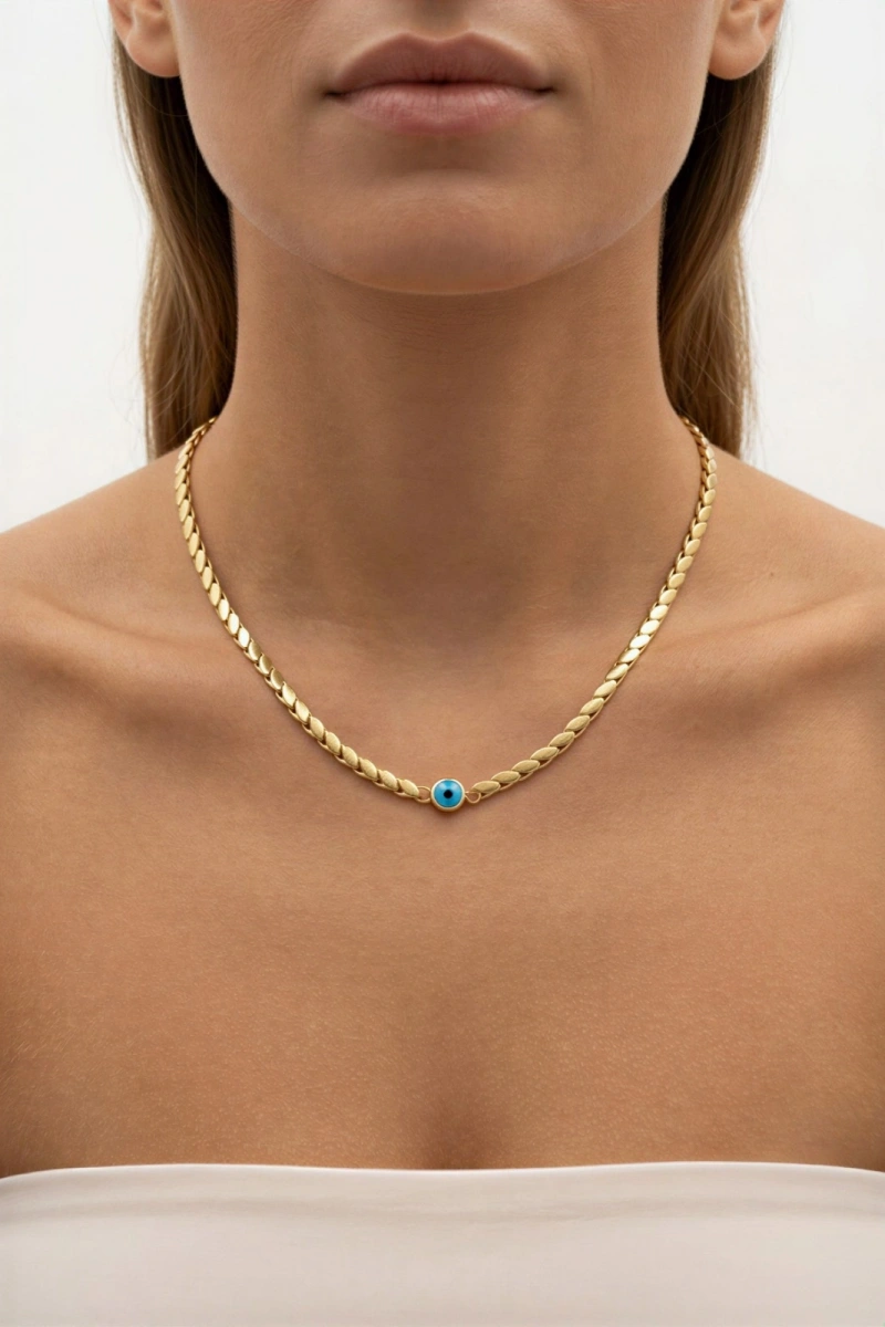 Arpa Zincir Tek Boncuk Gold Altın Kaplama Kolye