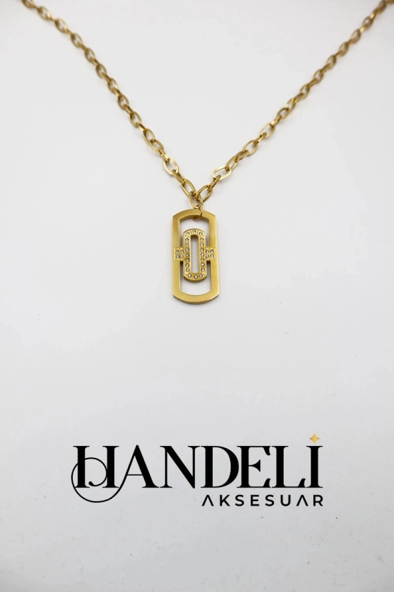 Cupid Model Tam Taşlı Gold Altın Kaplama Kolye