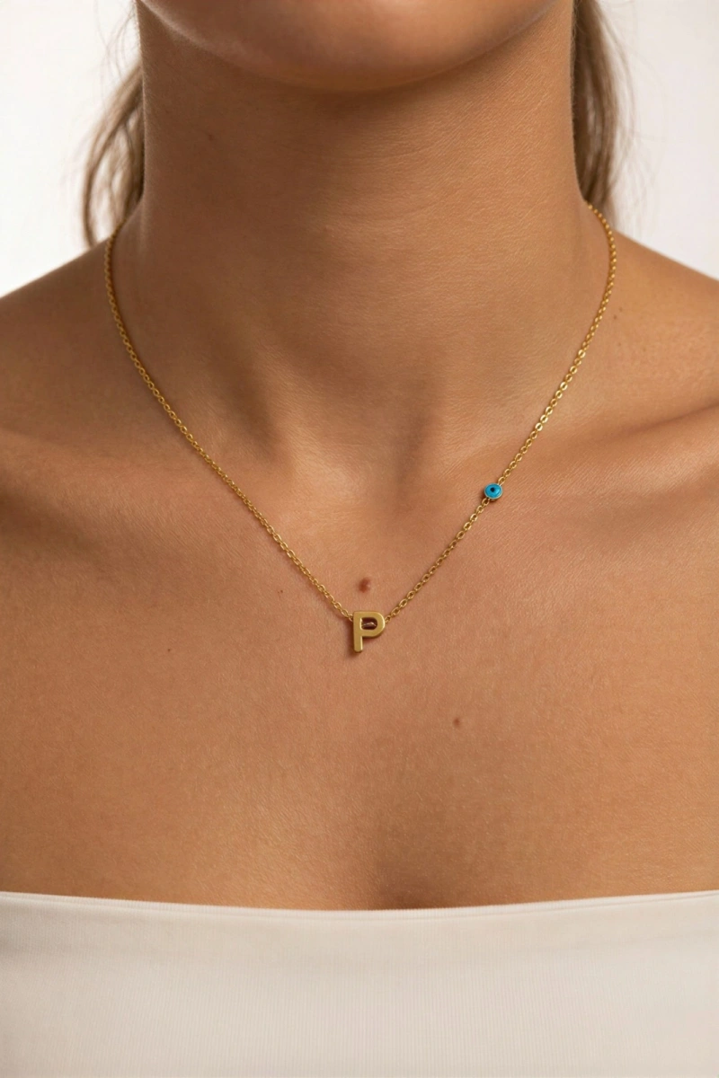 P Harf Model Nazar Boncuk Detay Gold Altın Kaplama Kolye