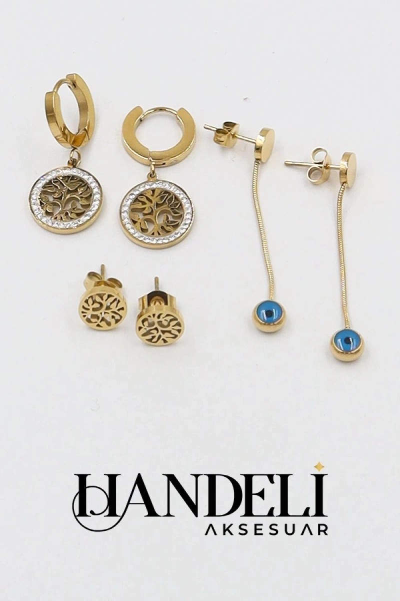 Ağaç Yaprak Model Gold Altın Kaplama Çelik Çoklu Küpe