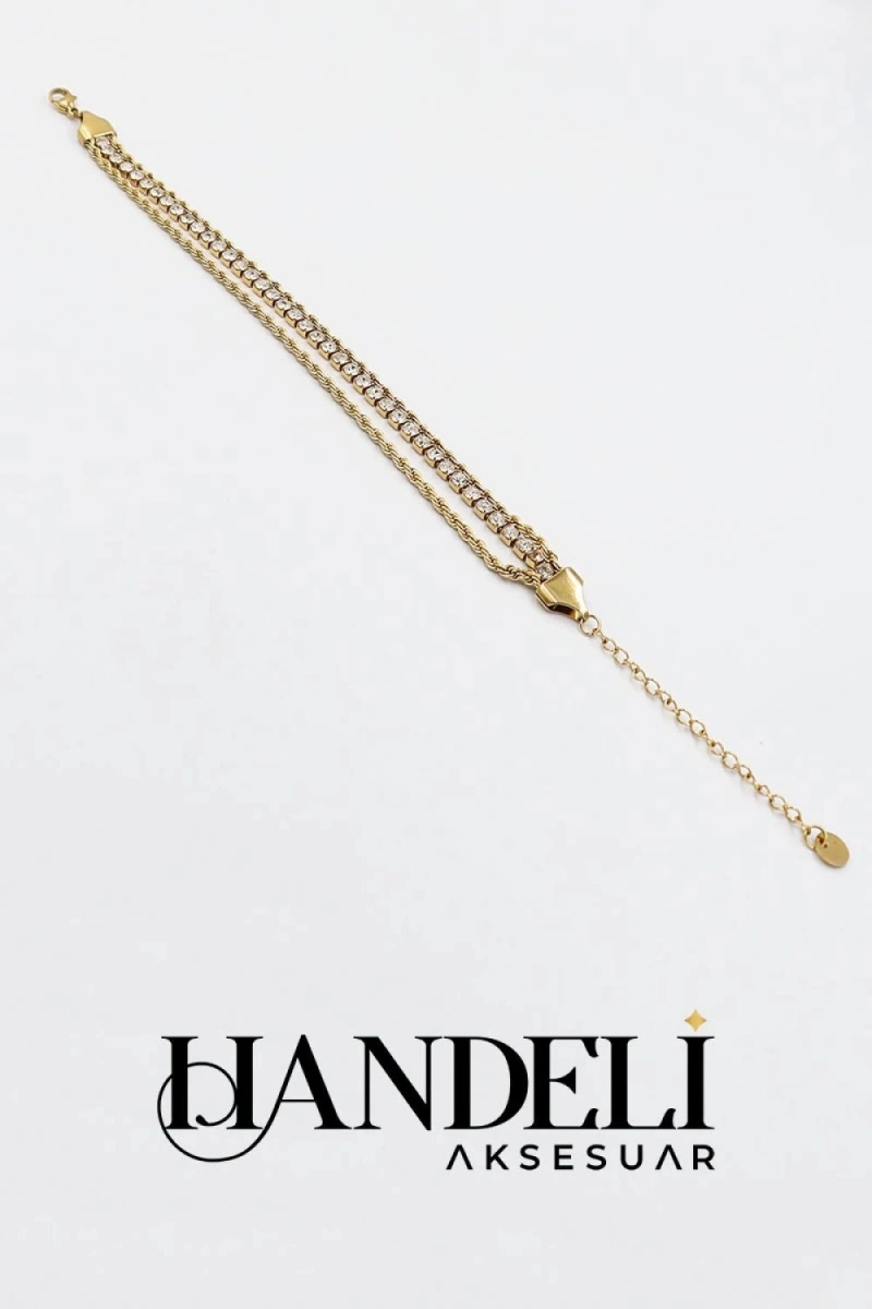 Burgu Zincir Su Yolu Detay Gold Altın Kaplama Çelik Bileklik