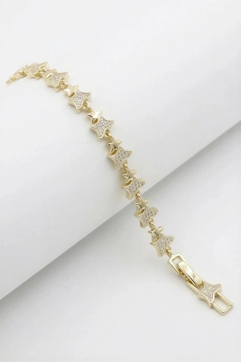 Taş Detay Yarım Yıldız Model Gold Altın Kaplama Bileklik
