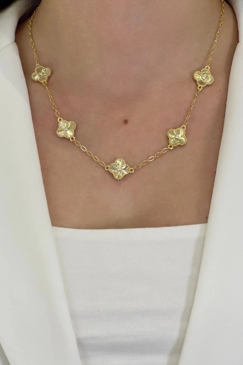 Taşlı Beş Yonca Detay Gold Altın Kaplama Kolye