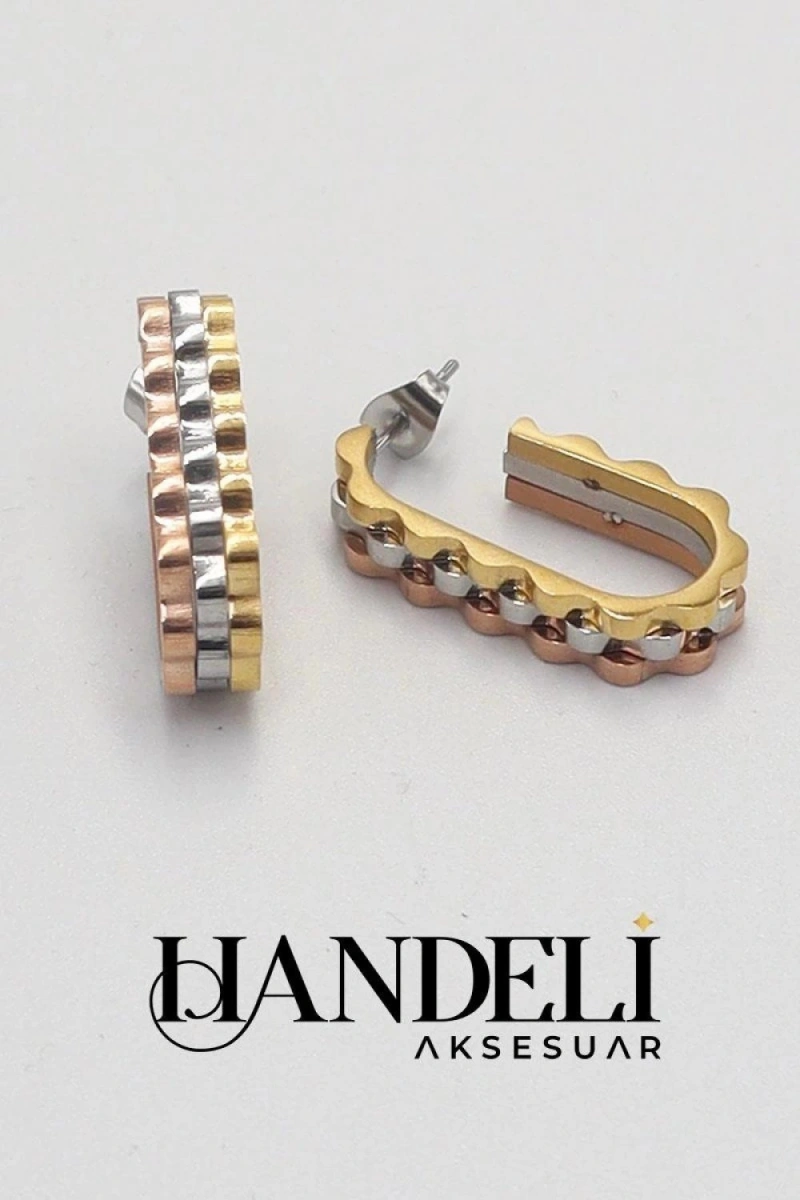 R. Model Üç Renk Gold Altın Kaplama Çelik Küpe