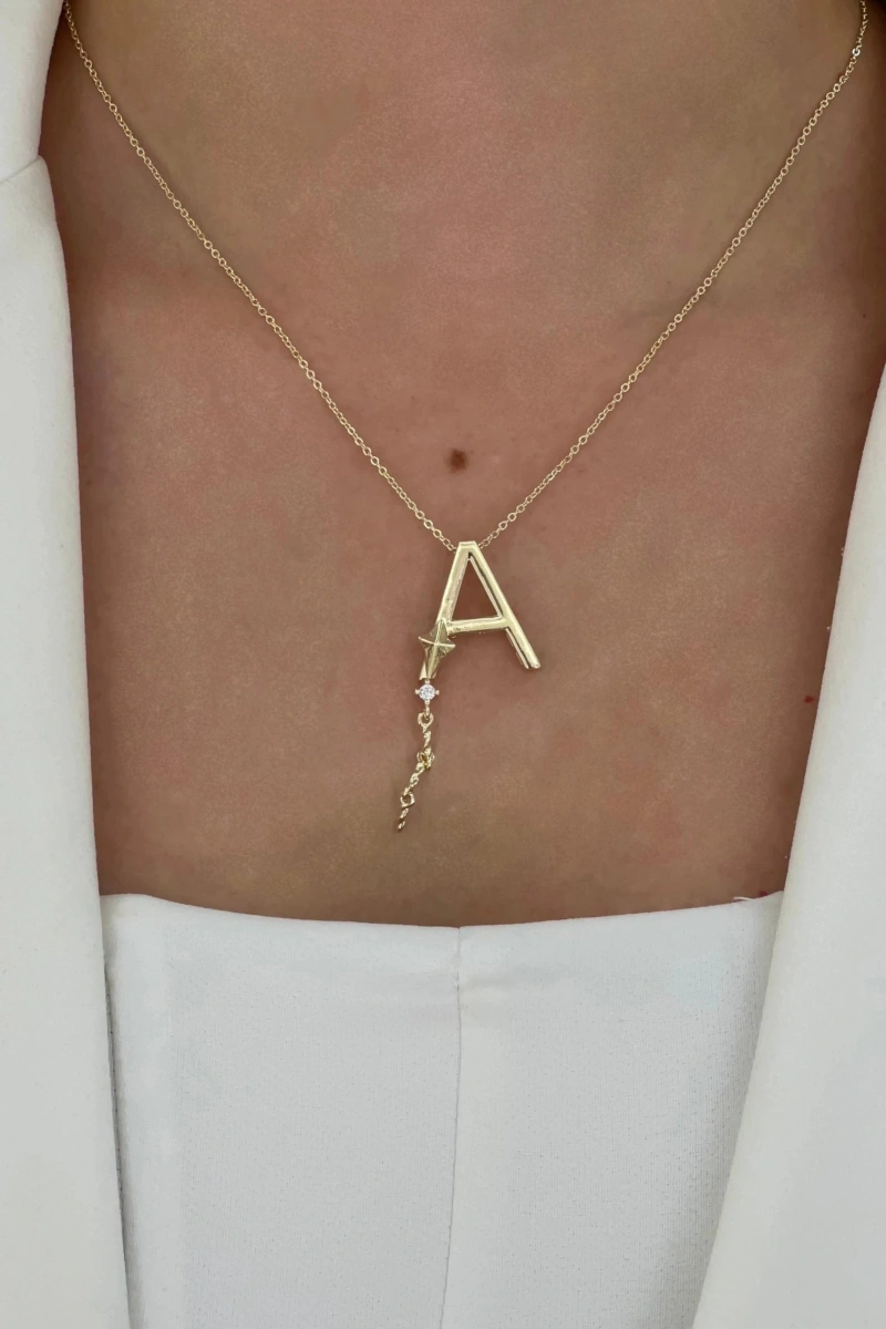 Sallantı Model A Harf Detay Gold Altın Kaplama Kolye