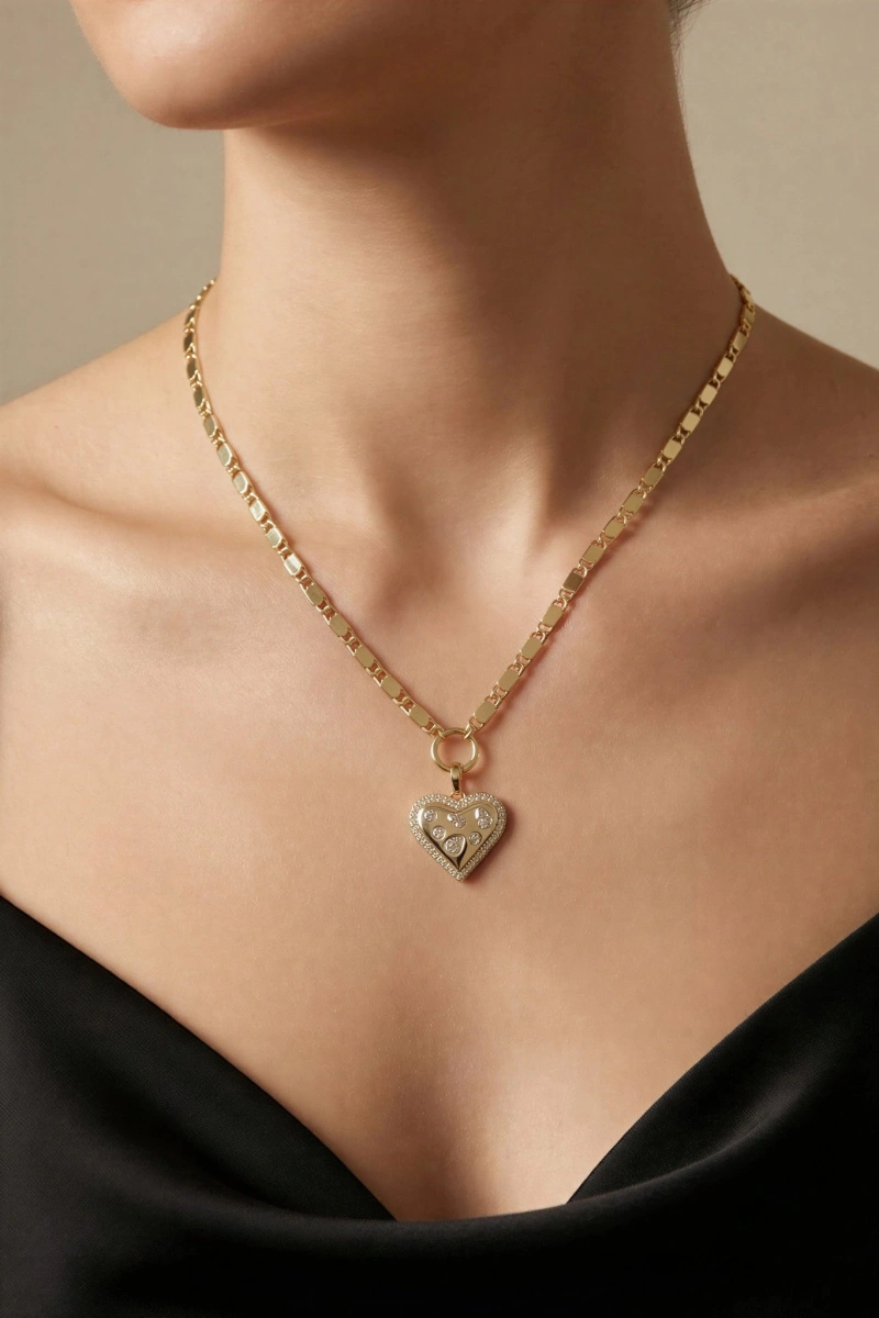 Arpa Zincir Taşlı Kalp Model Gold Altın Kaplama Kolye