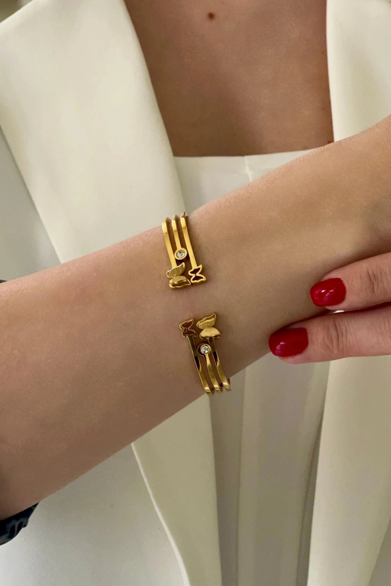 Simli Kelebek Model Tek Taş Detay Gold Altın Kaplama Bileklik