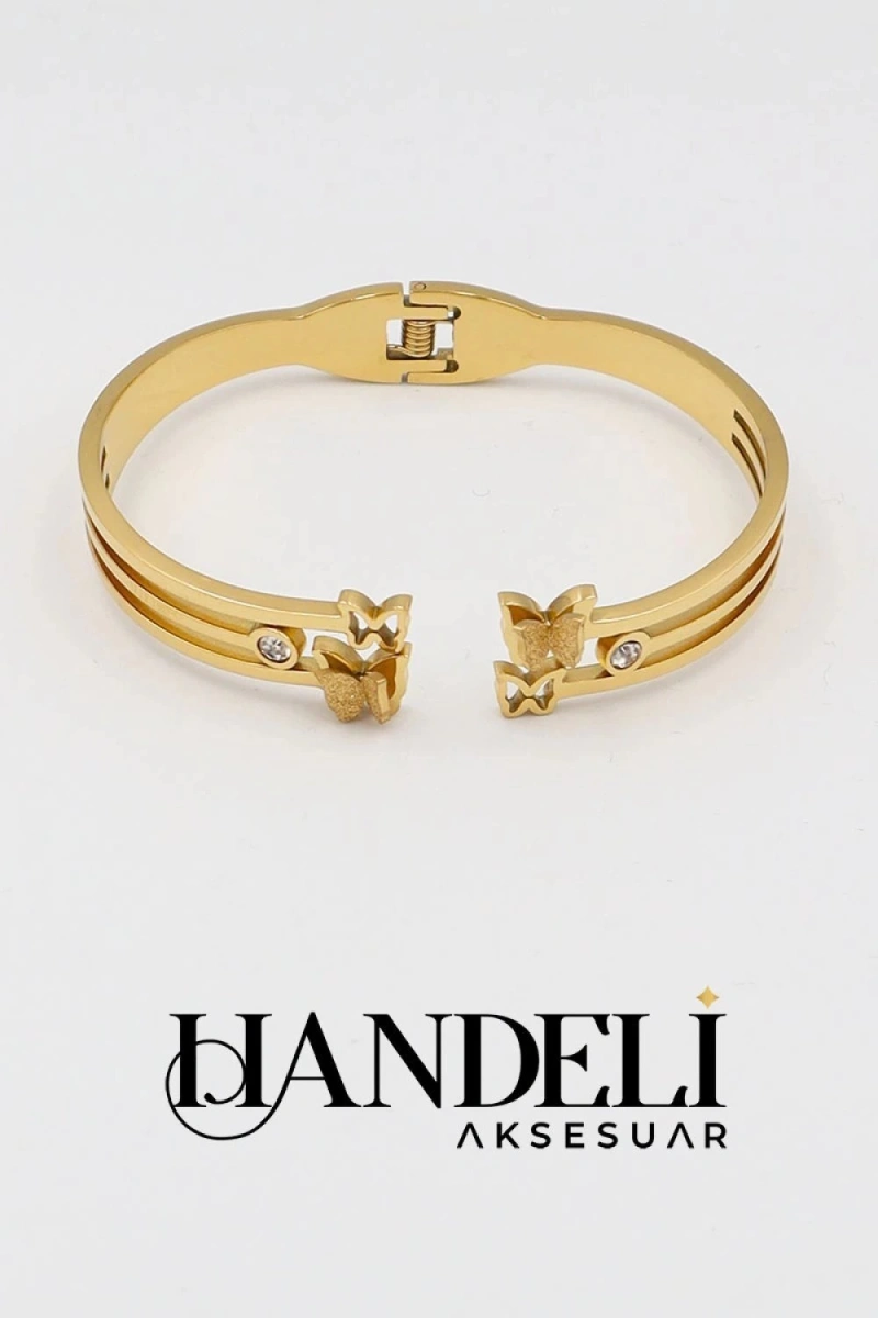 Simli Kelebek Model Tek Taş Detay Gold Altın Kaplama Bileklik