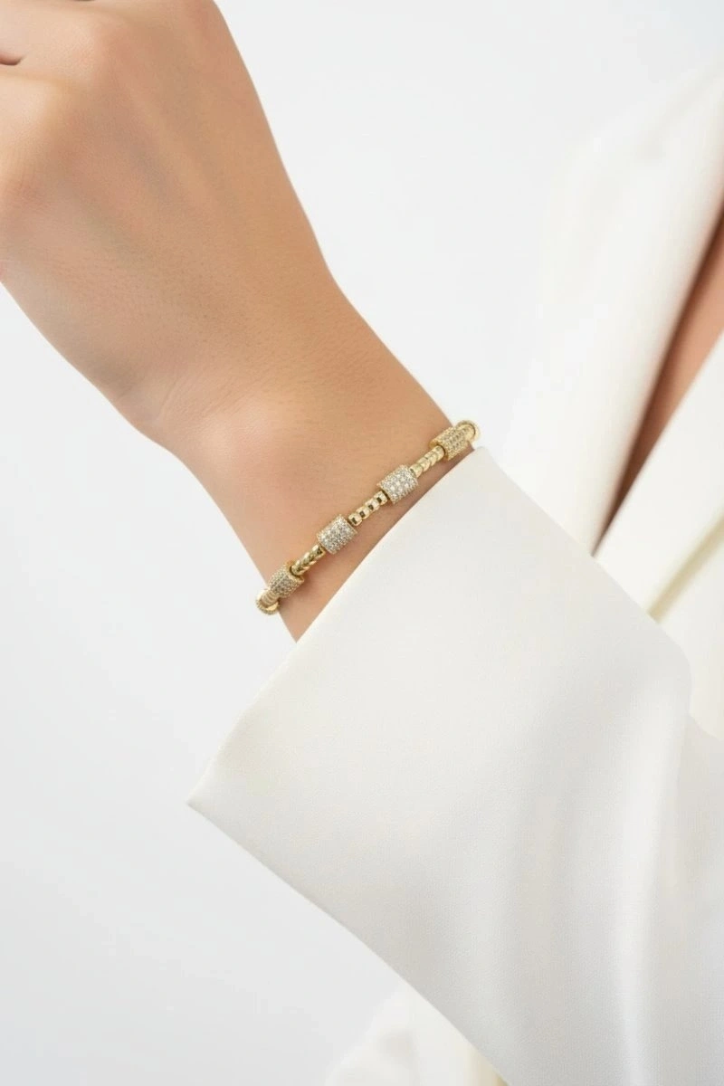 Taşlı Blok Dorika Detay Gold Altın Kaplama Bileklik
