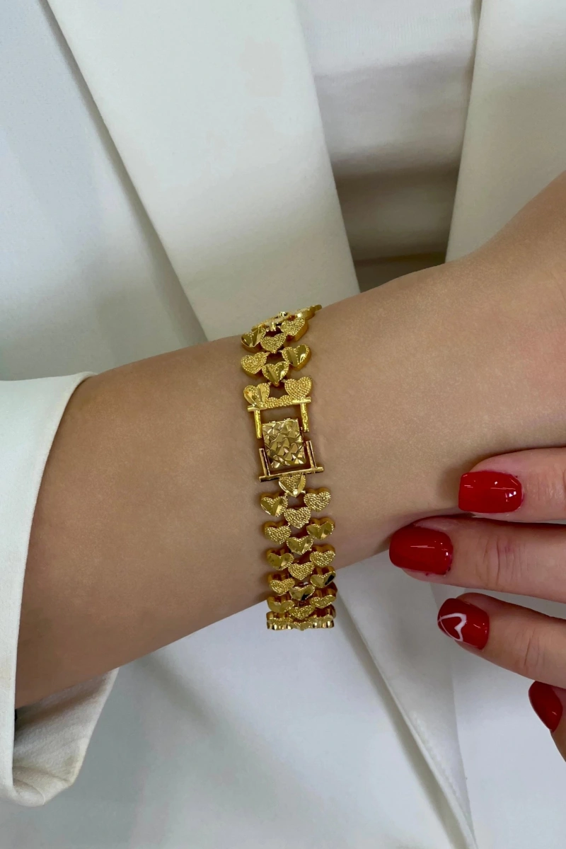 Üç Kalp Kuyum Model Gold Altın Kaplama Bileklik