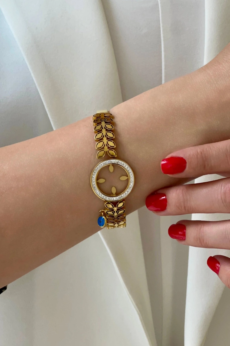 Çeyrek Takmalı Boncuklu Yaprak Gold Altın Kaplama Çelik Bileklik