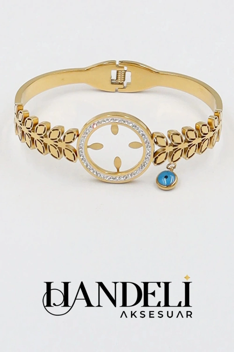 Çeyrek Takmalı Boncuklu Yaprak Gold Altın Kaplama Çelik Bileklik