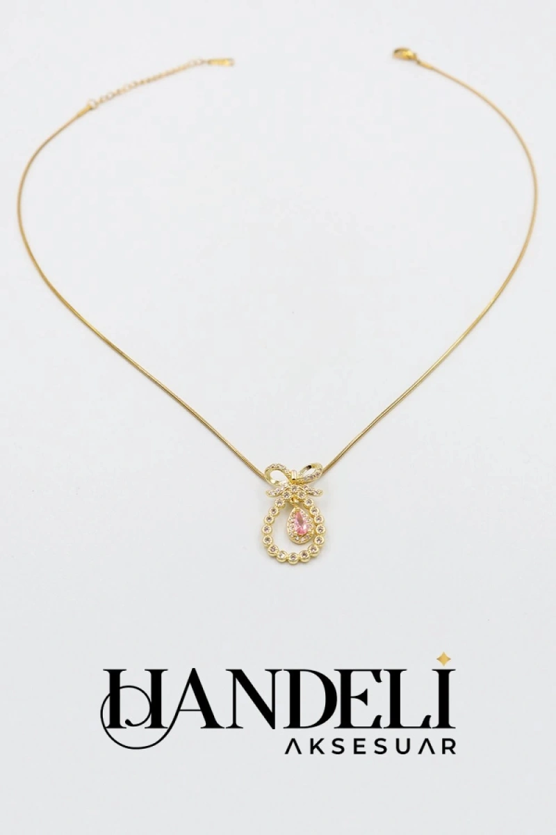 Düz Zincir Fiyonk İçi Pembe Taş Detay Gold Altın Kaplama Çelik Kolye