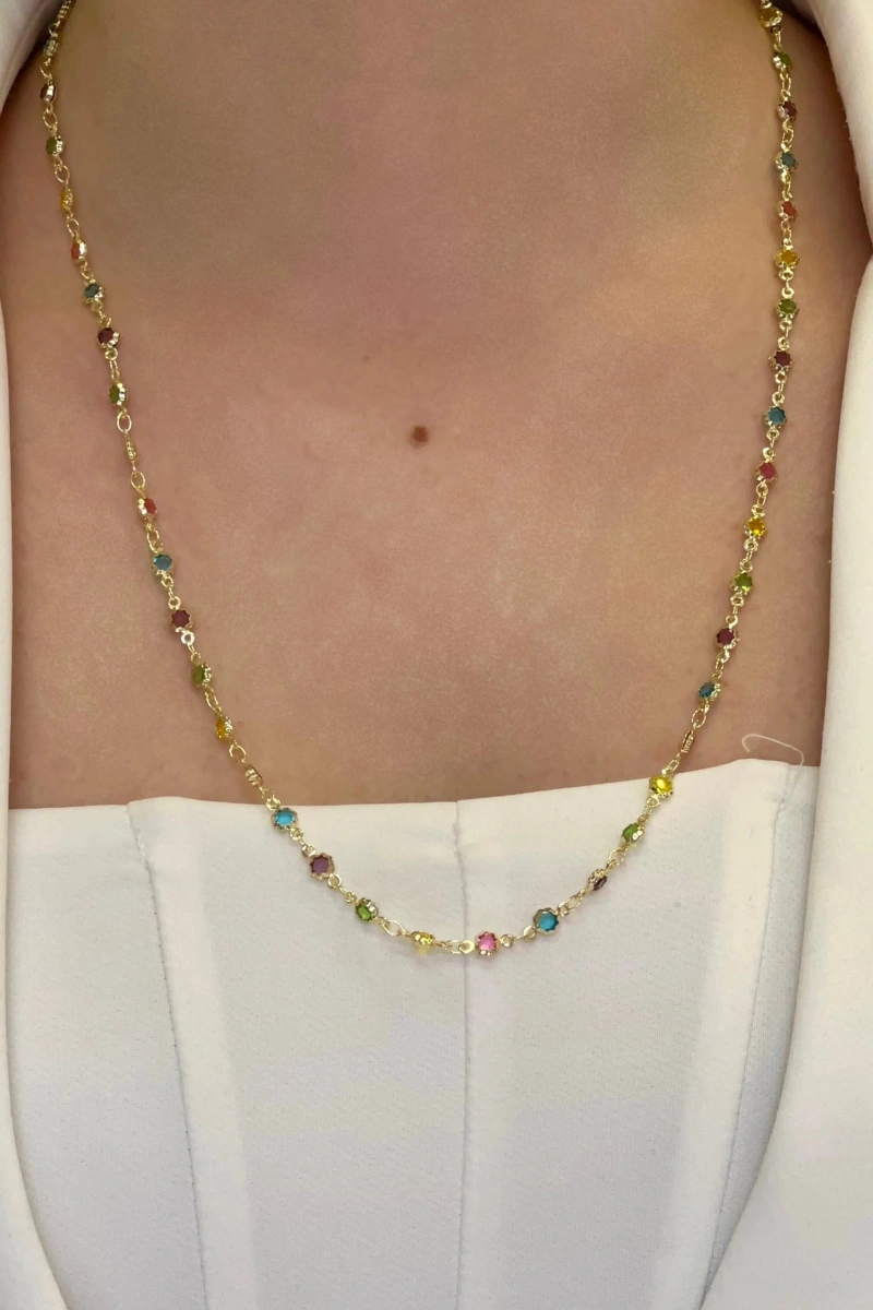 Bohem Model Renkli Taş Detay Gold Altın Kaplama Kolye