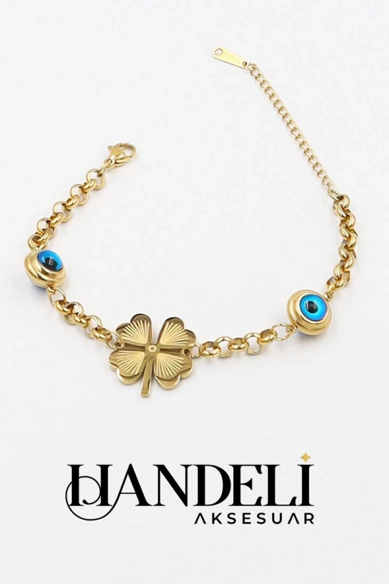 İki Göz Yonca Model Gold Altın Kaplama Çelik Bileklik