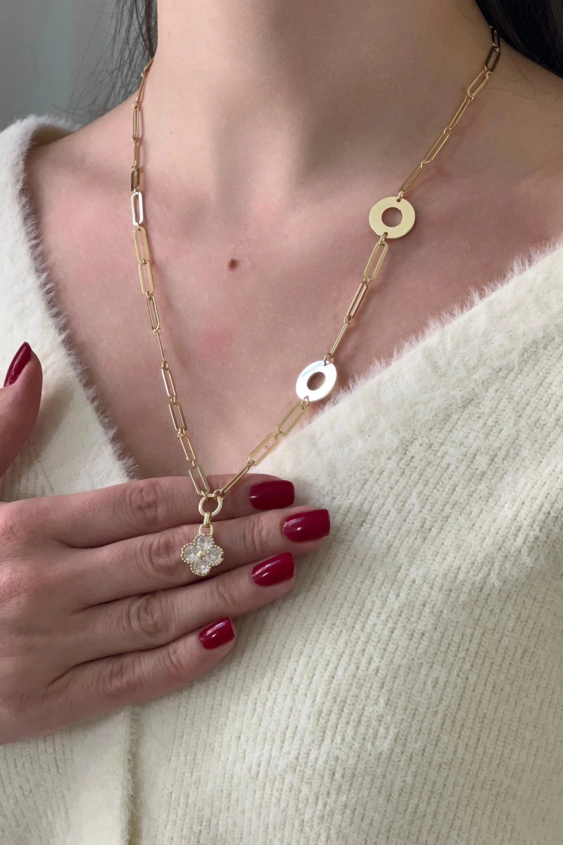 Ataç Zincir Taş Yonca Detay Gold Altın Kaplama Kolye