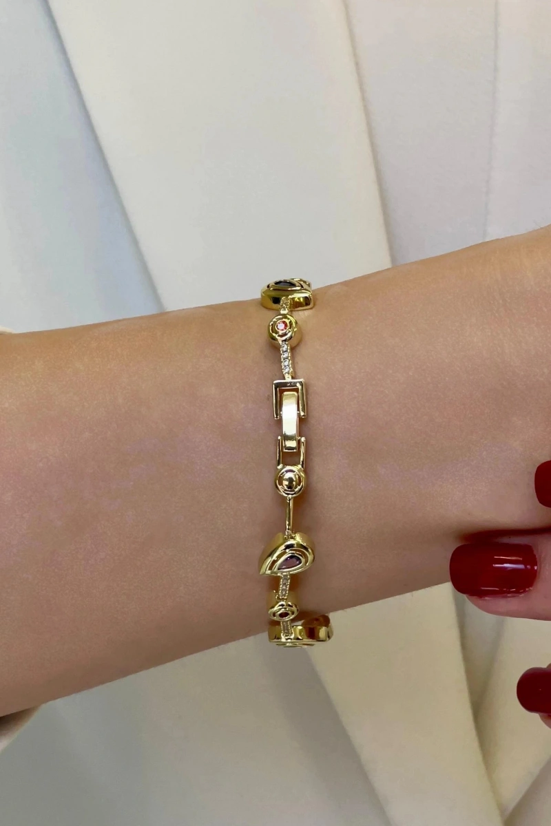 Renkli Yamuk Taş Su Yolu Detay Gold Altın Kaplama Bileklik