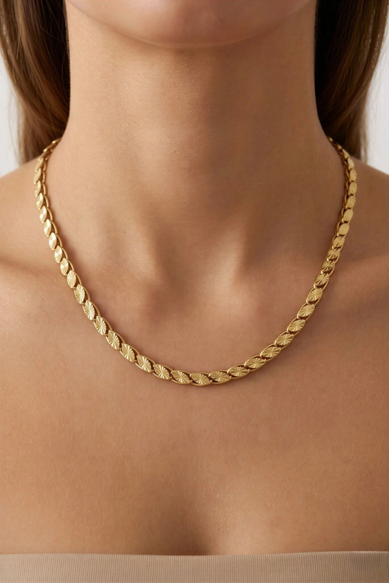 İşlemeli Arpa Model Gold Altın Kaplama Çelik Kolye