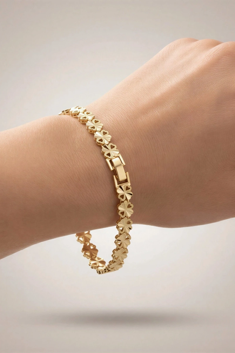 Sıralı Simli Yonca Model Gold Altın Kaplama Bileklik