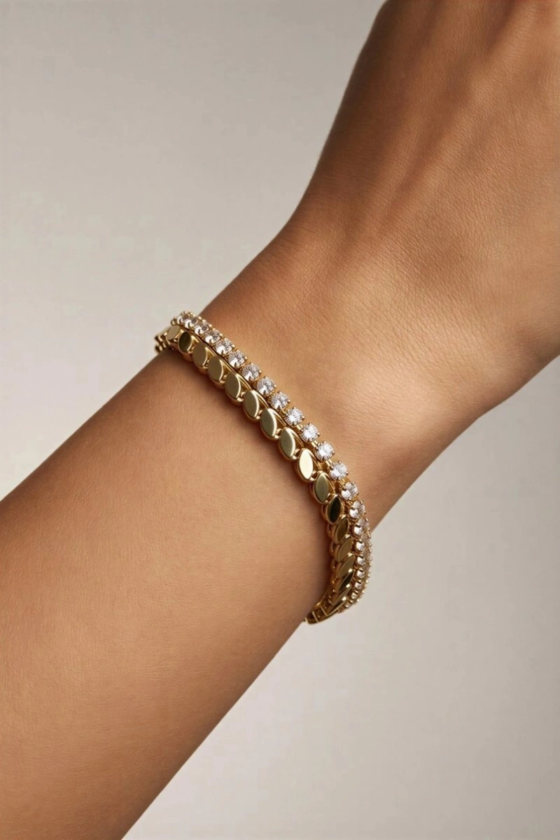 Çift Zincir Arpa Su Yolu Model Gold Altın Kaplama Bileklik