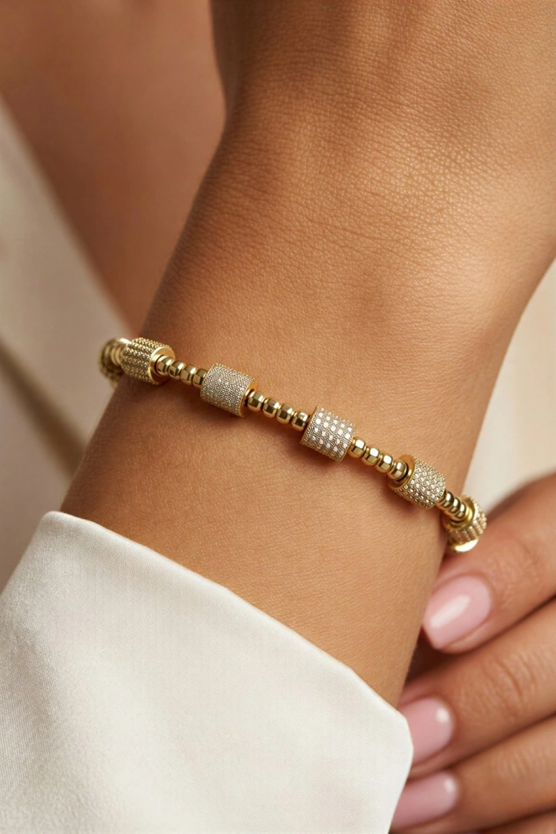 Taşlı Blok Dorika Detay Gold Altın Kaplama Bileklik