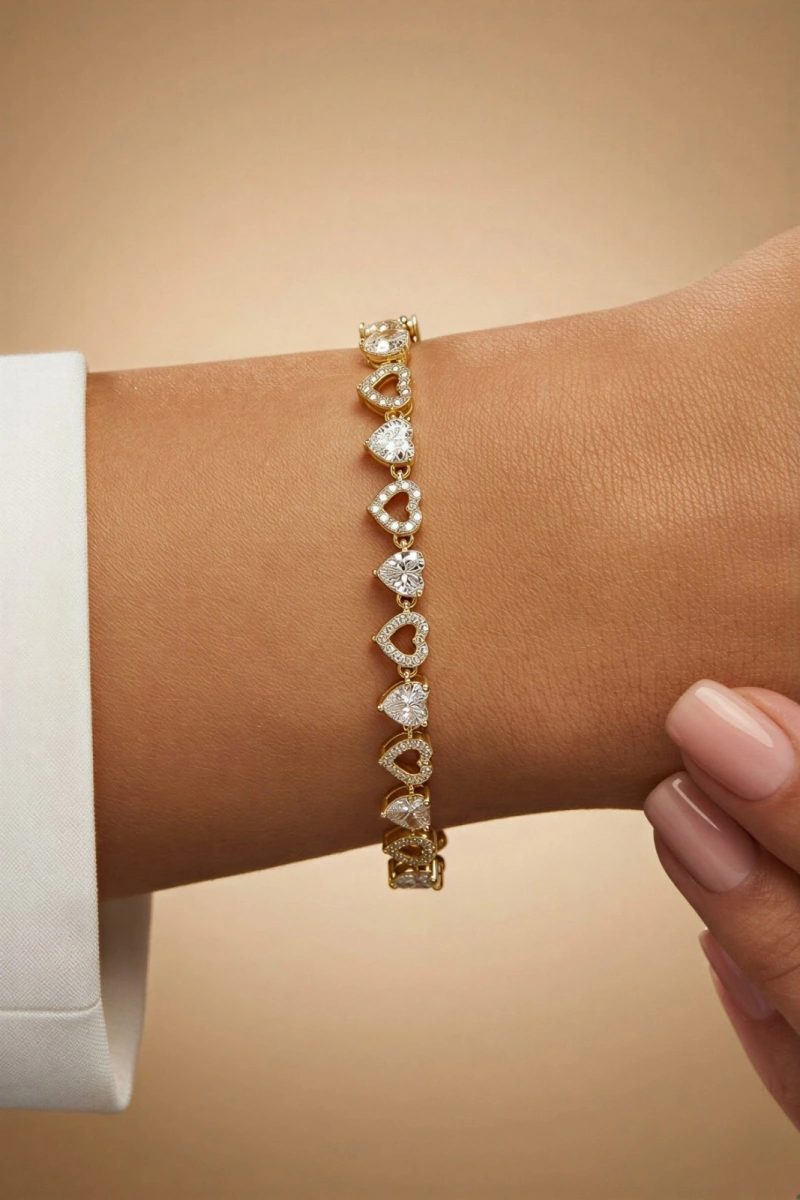 Sıralı Taşlı Kalp Model Gold Altın Kaplama Bileklik