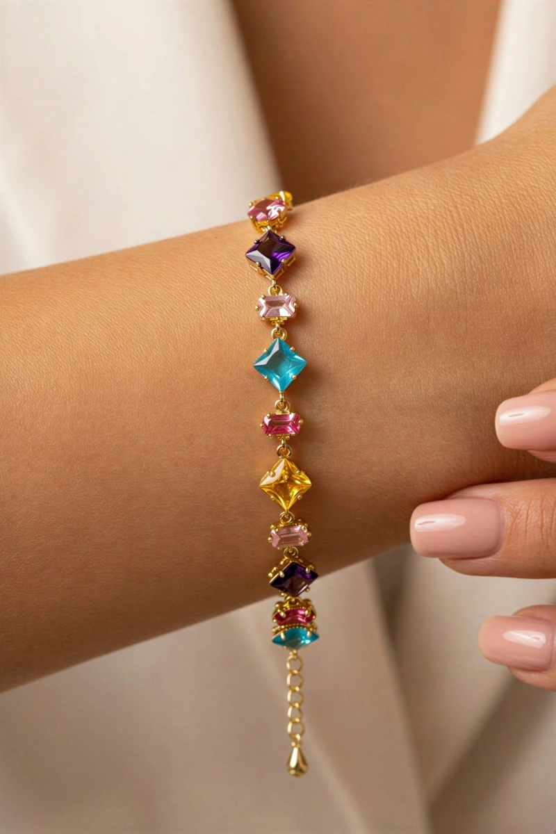 Çok Renkli Kare Model Gold Altın Kaplama Bileklik