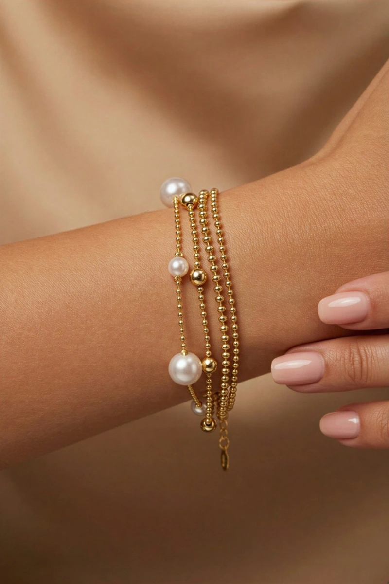 Dört Zincir İnci Dorika Gold Altın Kaplama Bileklik