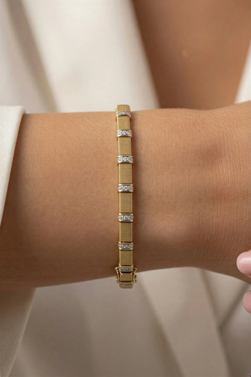 Simli Taş Blok Model Gold Altın Kaplama Bileklik