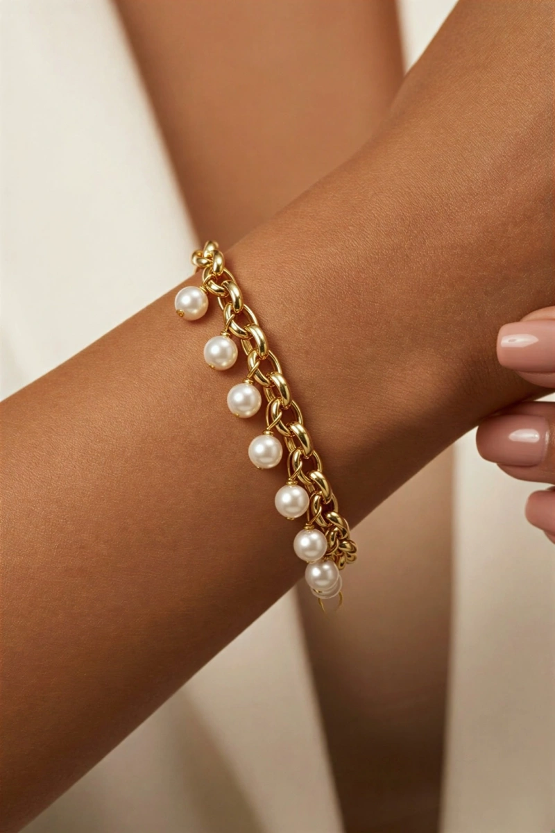 Halka Zincir İnci Detay Gold Altın Kaplama Bileklik