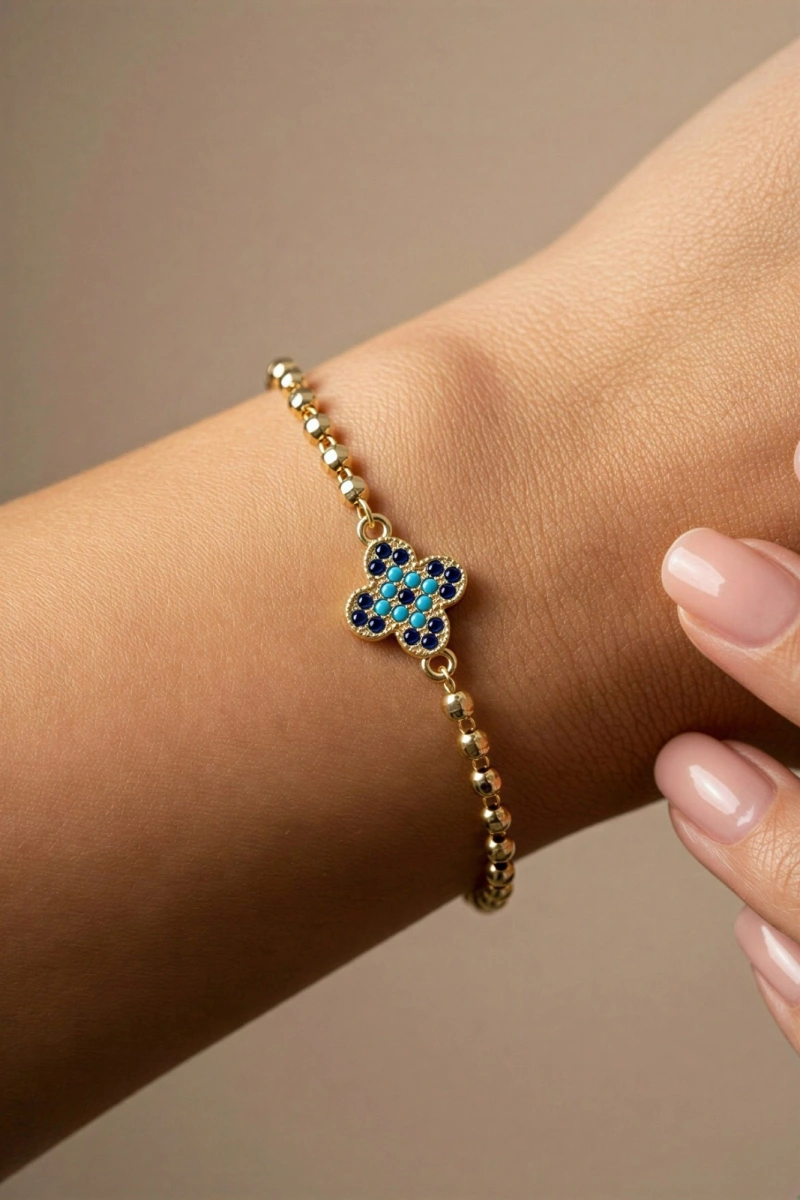 Dorika Zincir Nazar Detay Yonca Model Gold Altın Kaplama Bileklik