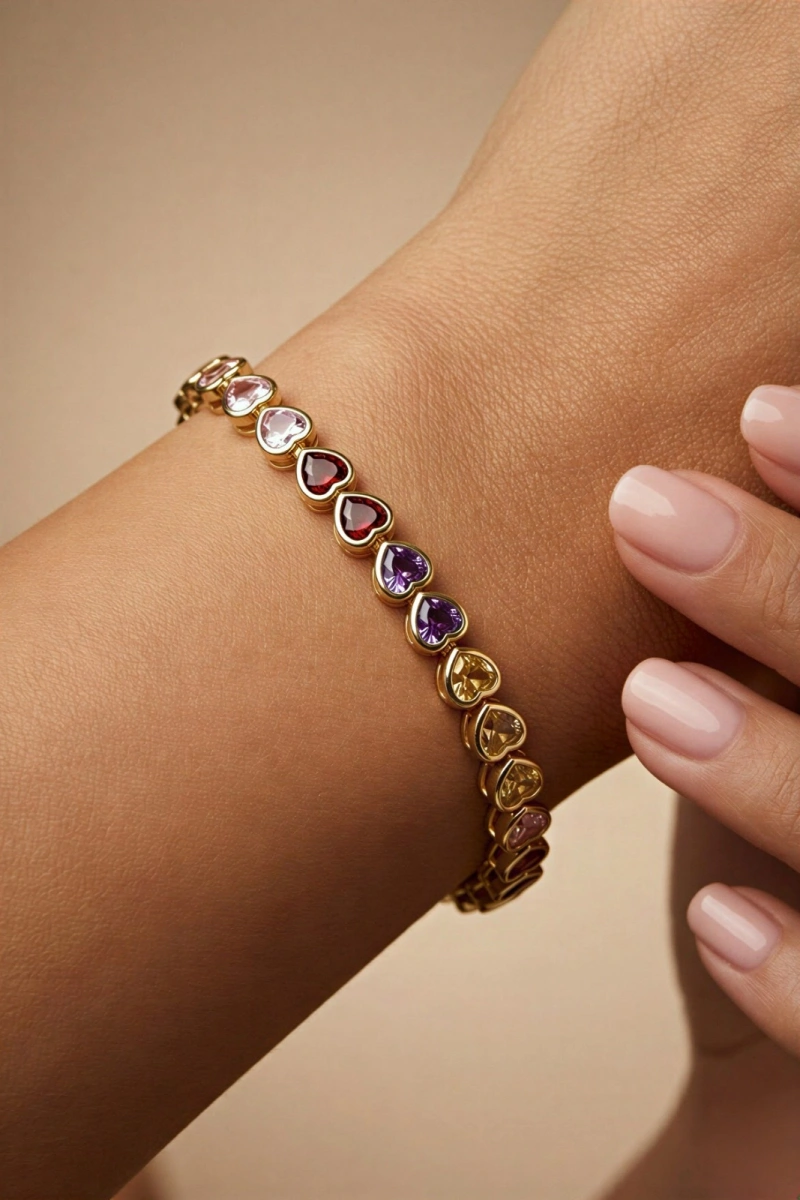 Sıralı Kalp Renkli Taş Gold Altın Kaplama Bileklik