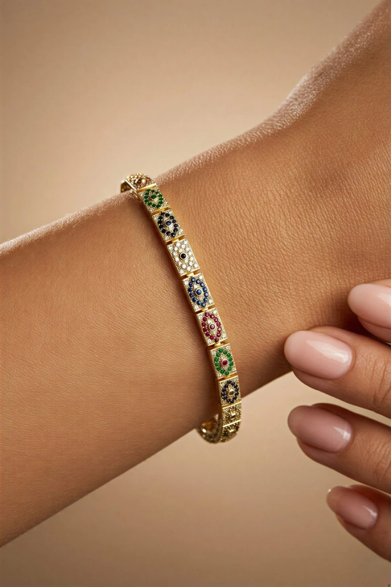 Sıralı Renkli Göz Model Gold Altın Kaplama Bileklik