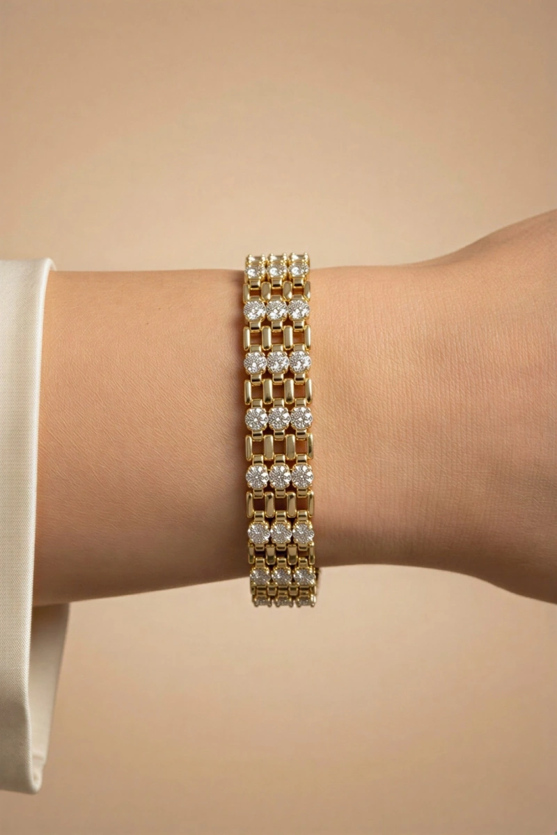 Sıra Taş Detay Geçişli Gold Altın Kaplama Bileklik