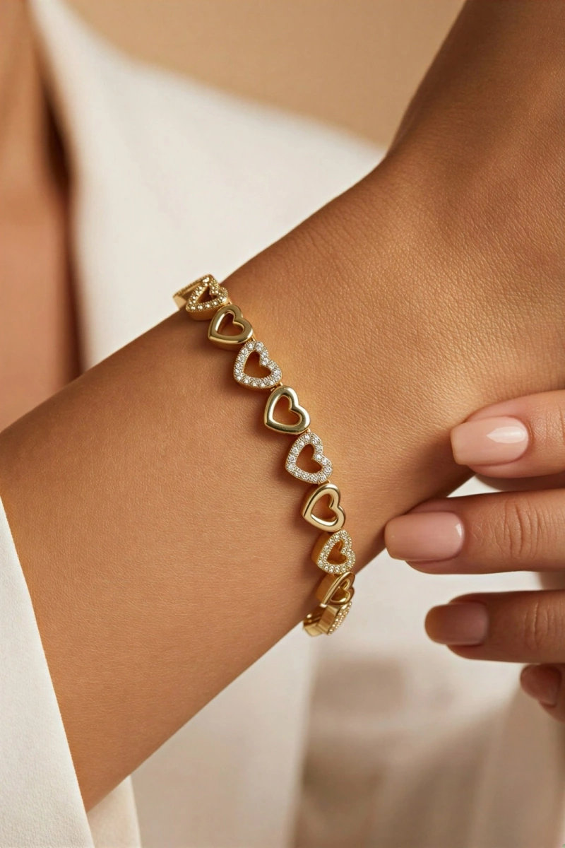 Sıralı Gold Beyaz Kalp Model Gold Altın Kaplama Bileklik