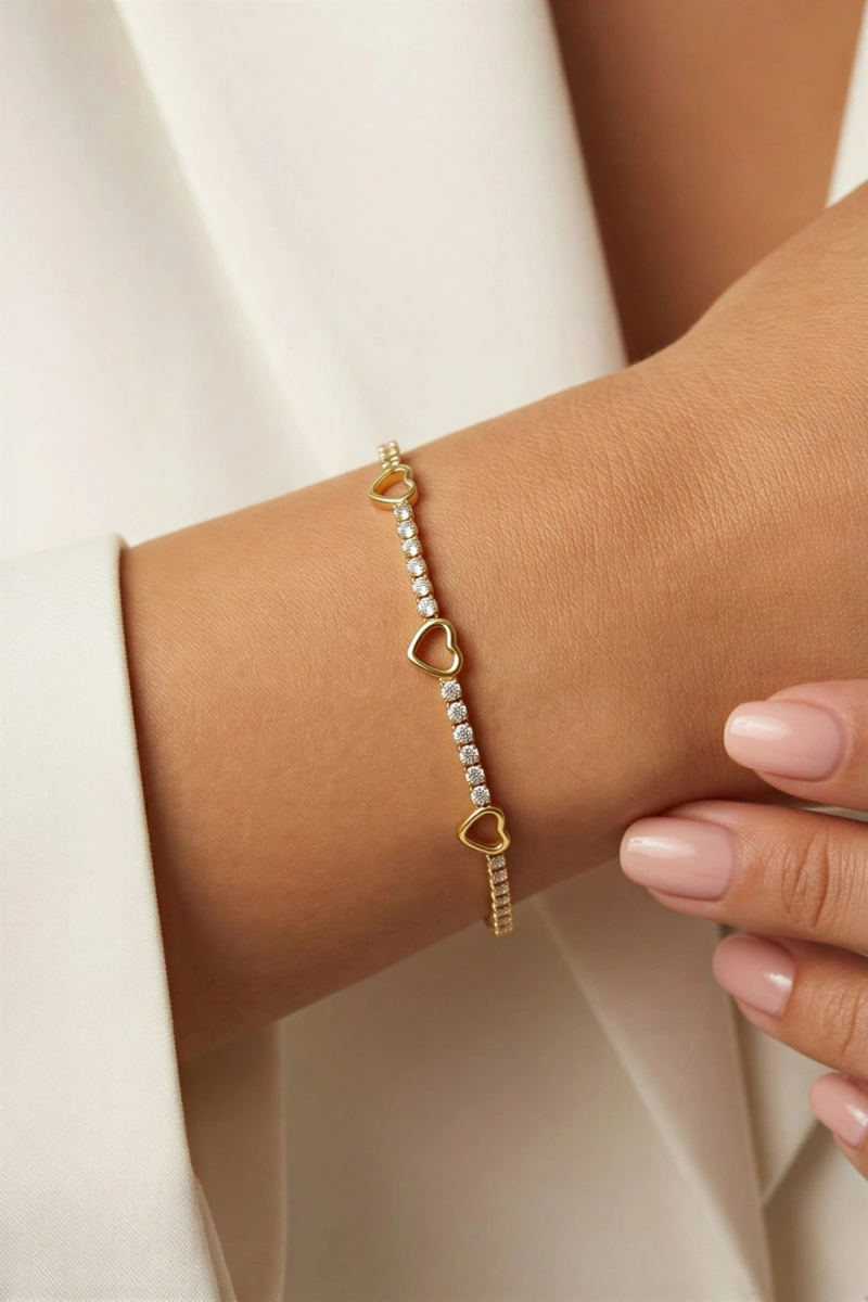 Su Yolu Zincir Üç Kalp Model Gold Altın Kaplama Bileklik