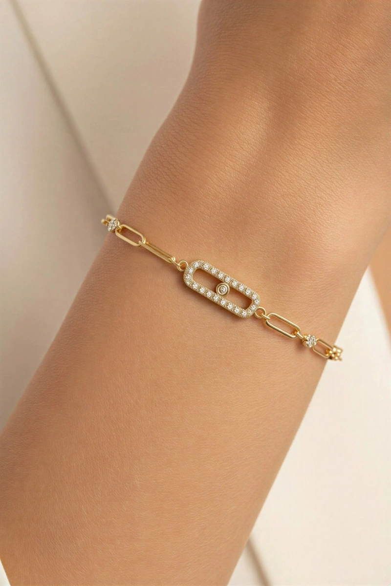 Ataç Zincir Tek Taş Detay Gold Altın Kaplama Bileklik