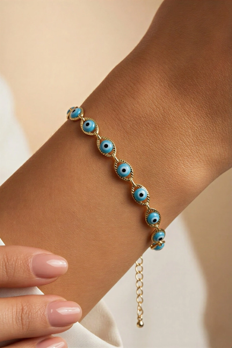 Sıralı Mavi Nazar Boncuk Detay Gold Altın Kaplama Bileklik