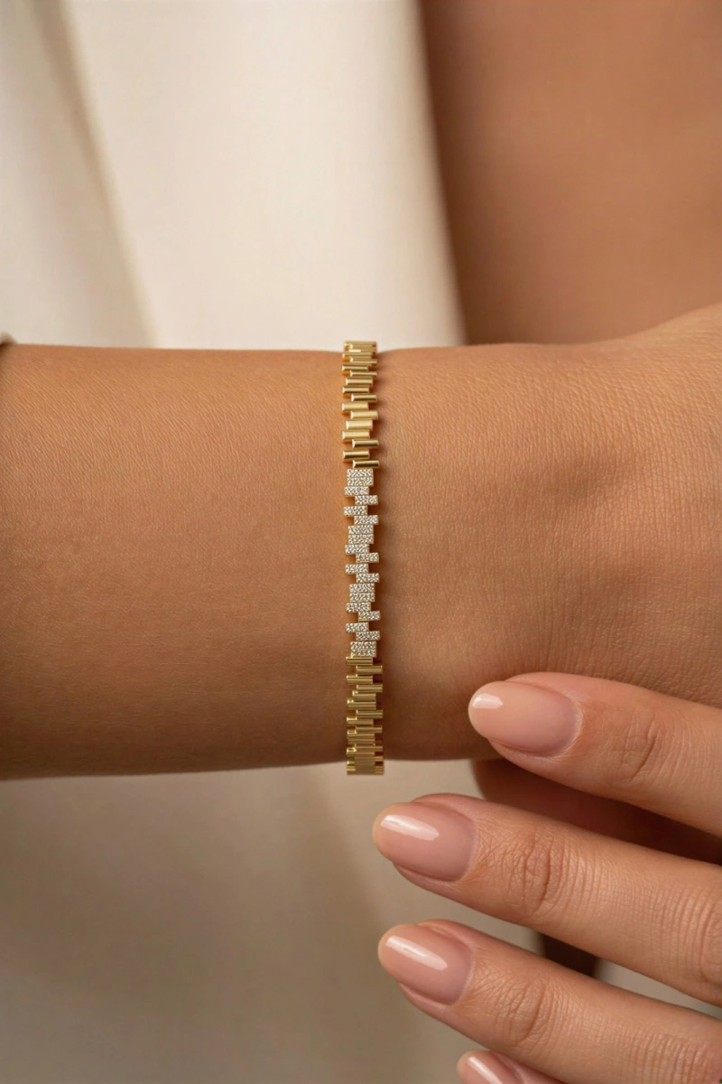 Asimetrik Blok Model Yarı Taşlı Gold Altın Kaplama Bileklik