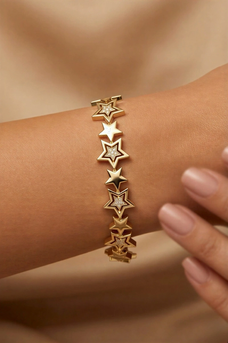 Büyük Yarı Taşlı Yıldız Gold Altın Kaplama Bileklik
