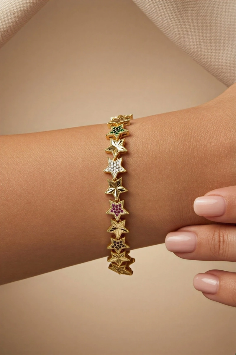 Yıldız Renkli Işıl Taşlı Gold Altın Kaplama Bileklik