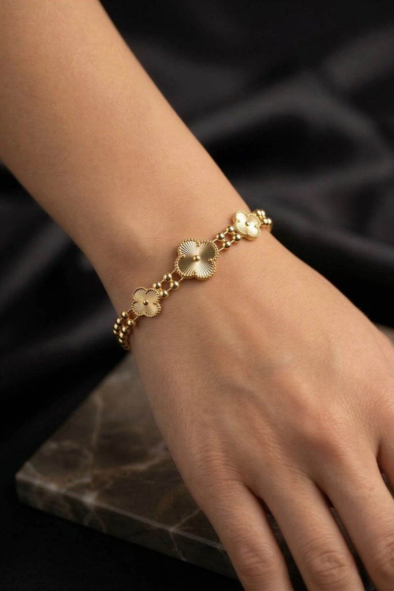 Çift Dorika Model Yonca Detay Gold Altın Kaplama Bileklik