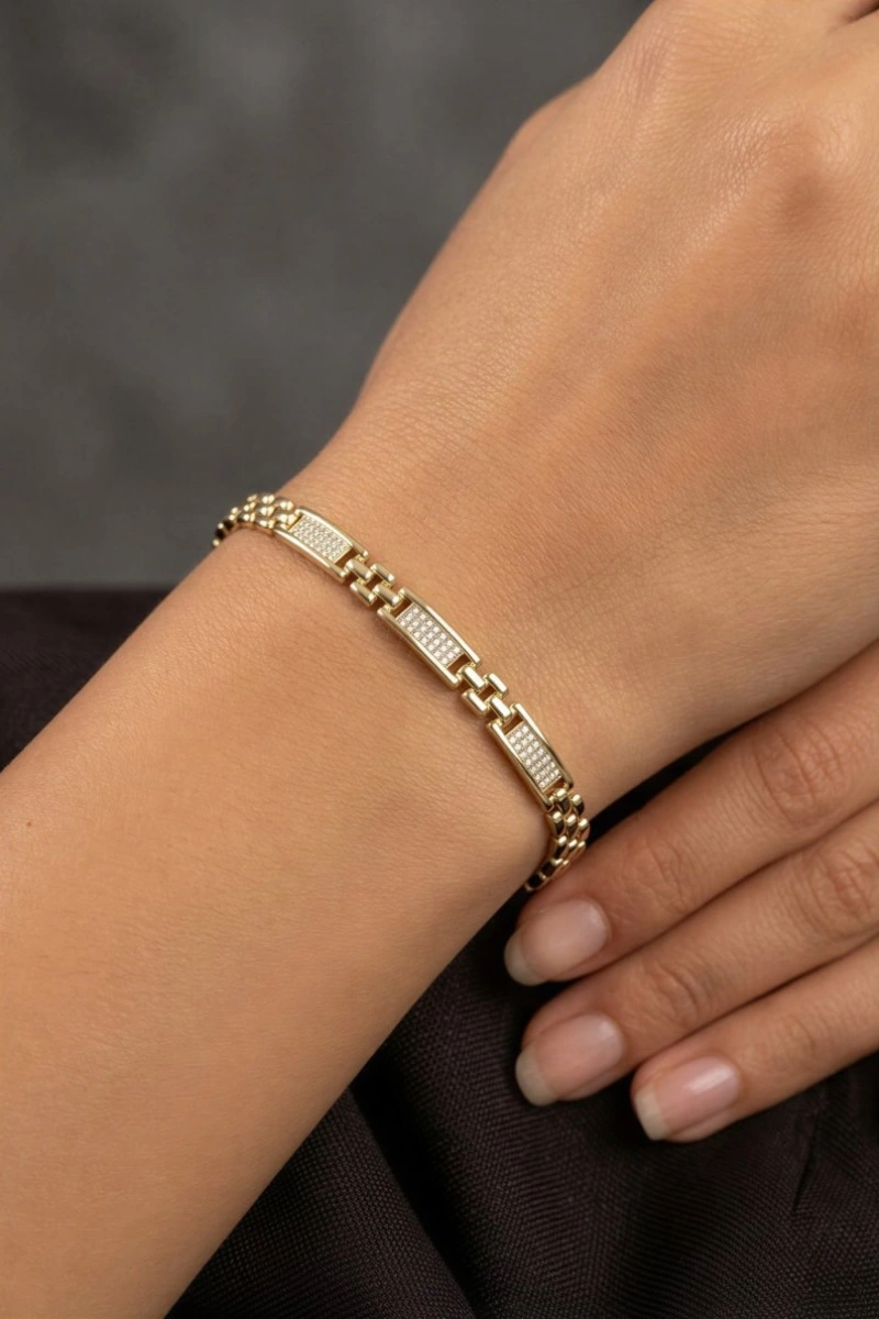 Dikdörtgen Model Taş Detay Gold Altın Kaplama Bileklik