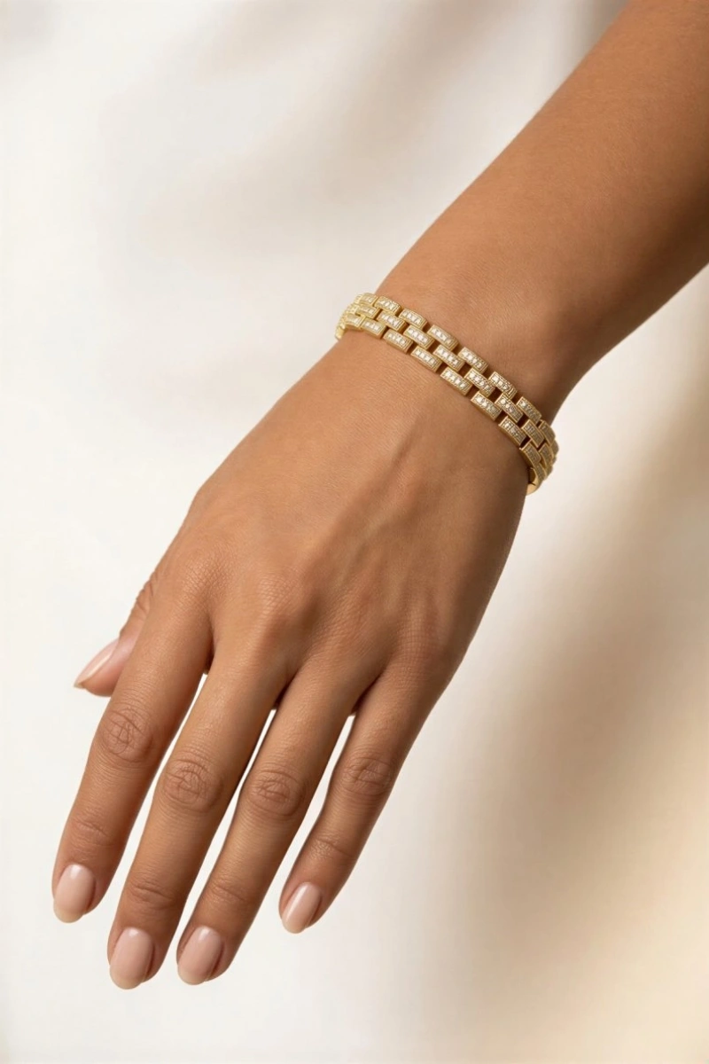 Üçlü Geçme Taş Model Gold Altın Kaplama Bileklik